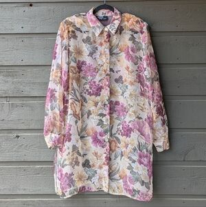 VTG 80s Dawn Joy Fashions Sheer Floral Long Line Tunic Size Large